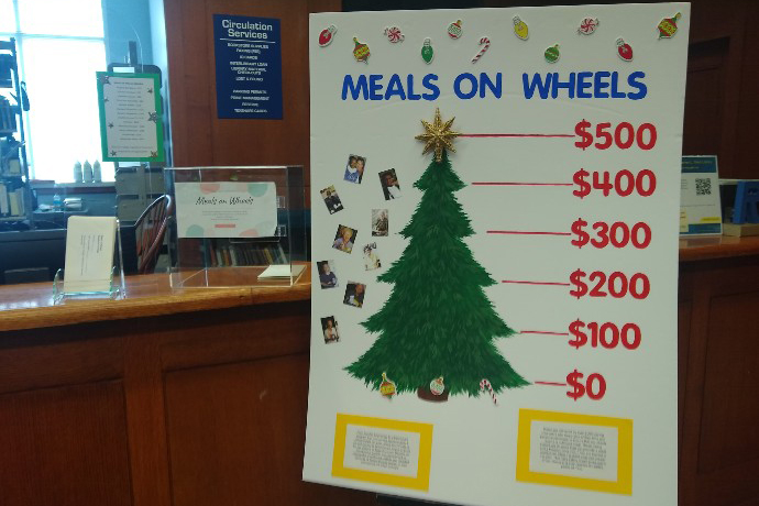 christmas tree with dollar amounts on the side to designate funds raised